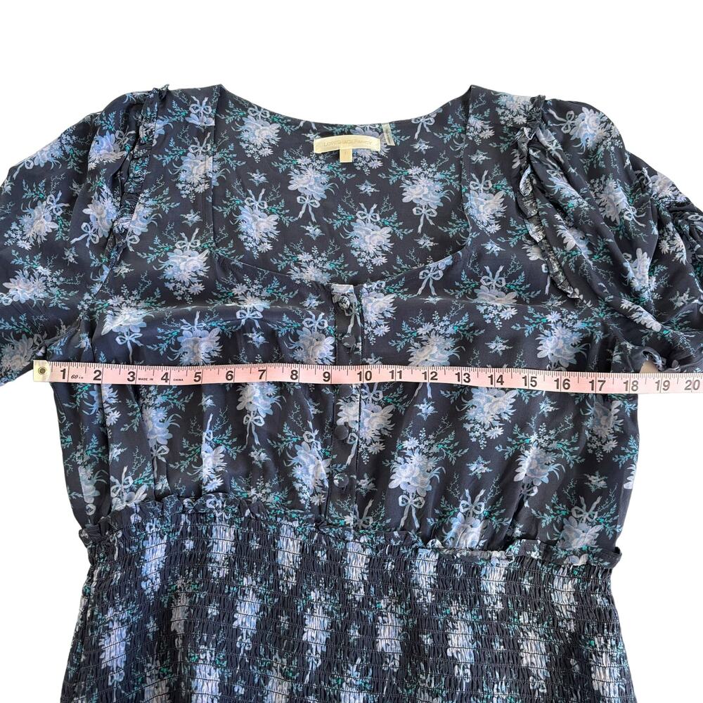 LoveShackFancy Brickell Blue Gathered Floral Print Crepe Mini Dress Size Large - Picture 5 of 13
